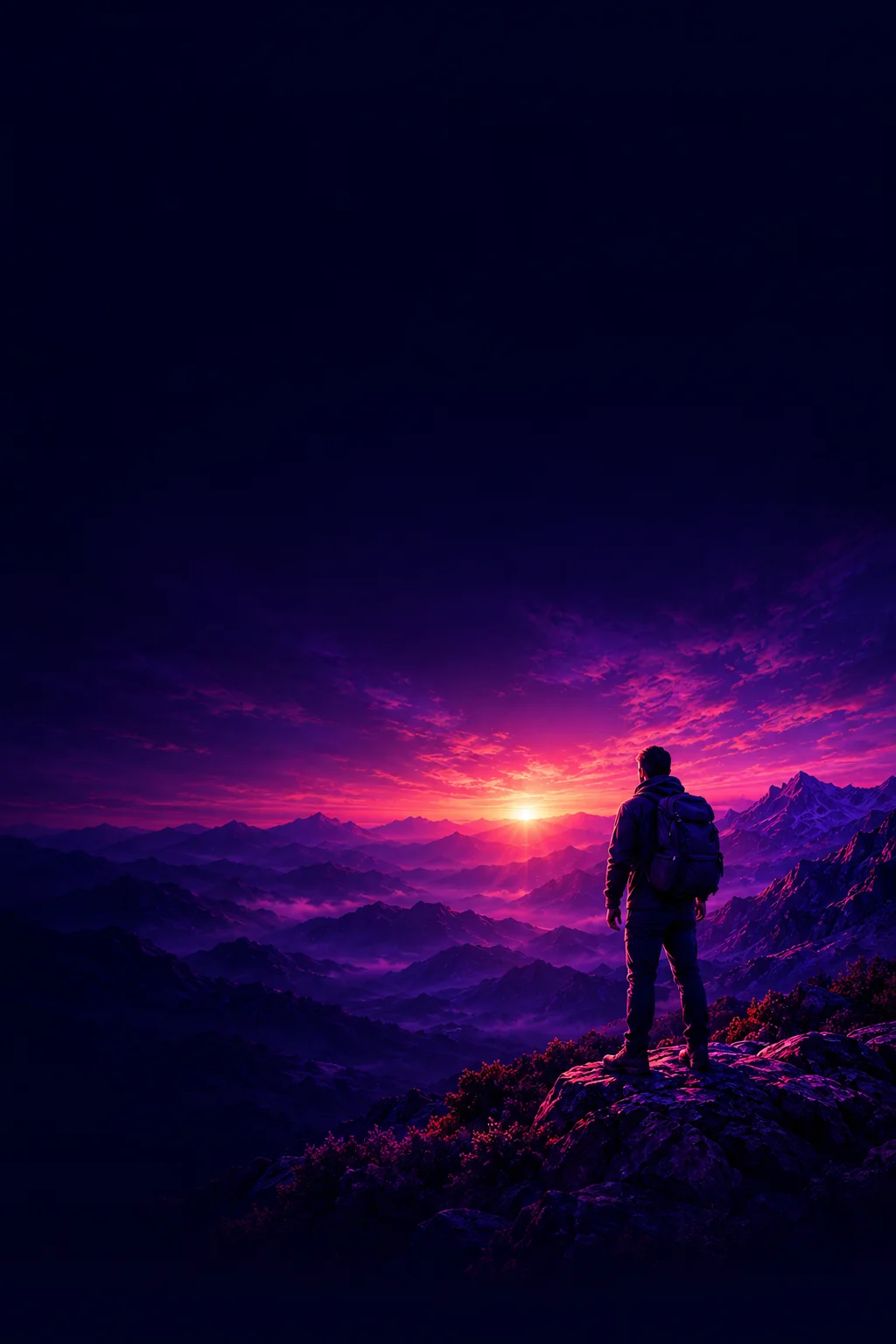 A hiker seen from behind watching the sunrise over purple mountains