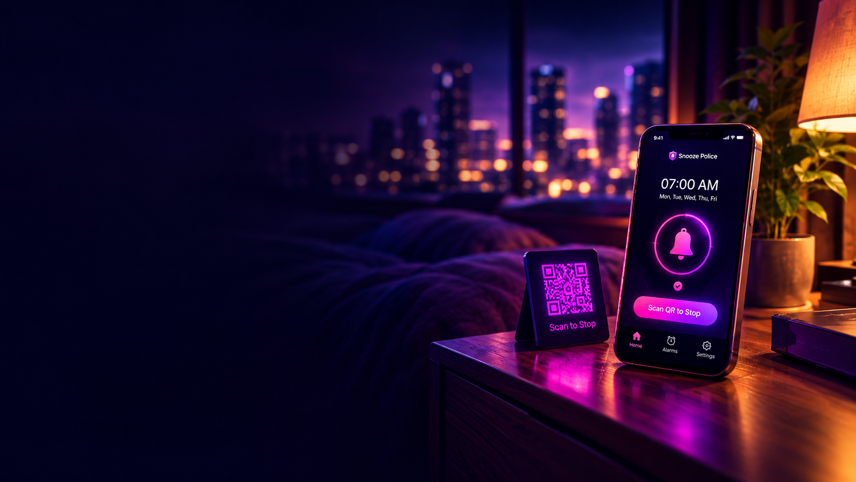 Snooze Police alarm app on a bedside table next to a QR code stand at night