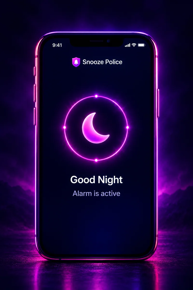 Snooze Police app showing a moon and the message Good Night, Alarm is active